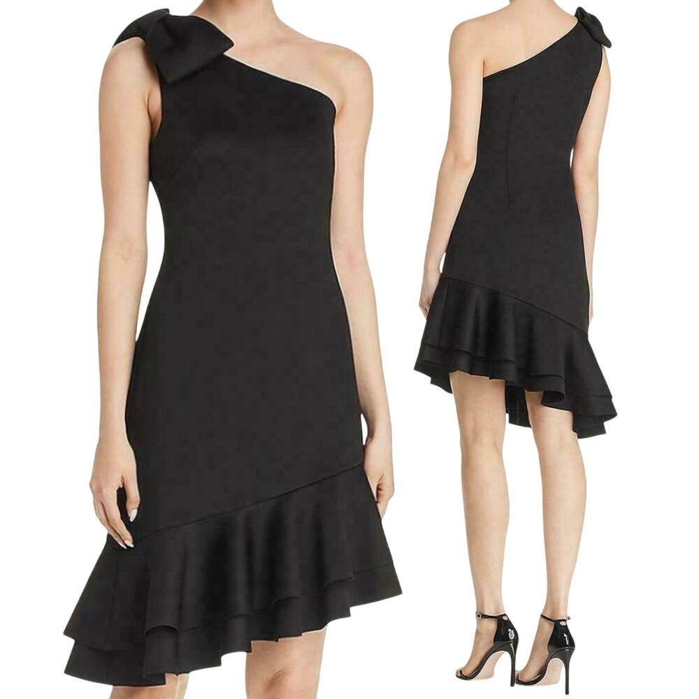 Eliza J Cocktail Dress One Shoulder Bow Accent Ruffled Asymmetrical Hem Black 6